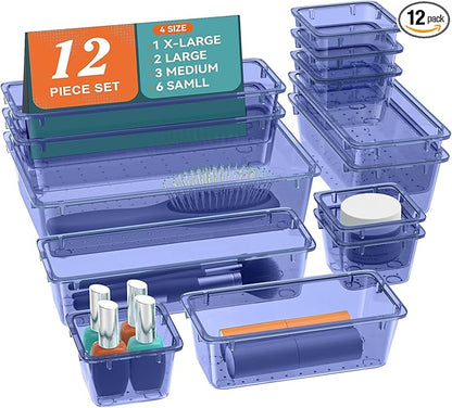 ElegantArray 12 PCS Drawer Organizer Set, 4 Sizes Tool Storage Trays, Clear Plastic Makeup Vanity Organizer and Storage Bins for Stationeries, Multiple Gadgets for Office, Bedroom, Navy Blue by Unknown
