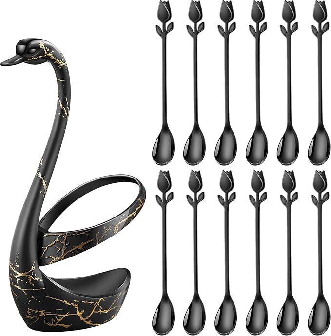 Black Small Coffee Spoon Holder Set,Swan Base With 12 Pcs Demitasse Espresso Spoons Set,6" Mini Tulip/Rose Dessert Spoon,Stainless Steel Tea Spoons - Image 2