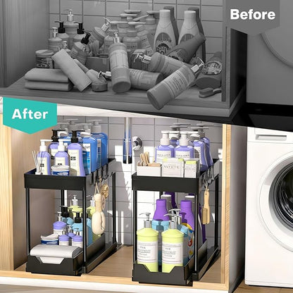Under Sink Organizers 2 Pack, Pull-Out Sliding Cabinet Organizer with 2-Tier Storage Shelf & 4 Hooks, Multi-Purpose for Kitchen & Bathroom (13 Inch, Black) - Image 6