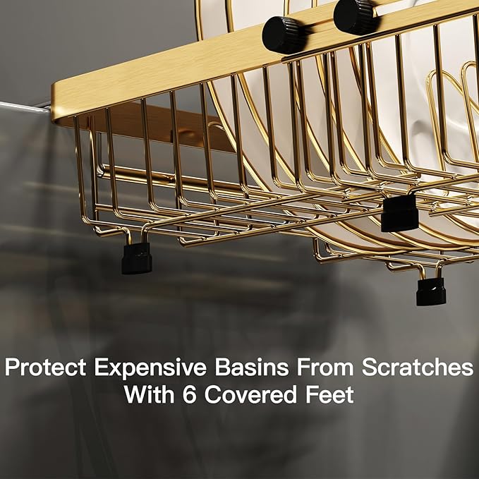MAJALiS Dish Drying Rack Over The Sink, Expandable Stainless Steel Dish Drainer for Small Kitchen Counter Space Saving, RV Compact Plate Strainer in Gold Metal with Hanging Adjustable Utensil Holder - Image 7