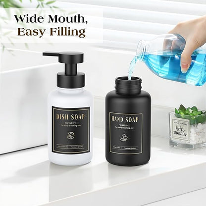 Luxspire Foaming Soap Dispenser, Glass Foam Pump Soap Dispenser, Non-Slip Hand Soap Bottle with 5 Waterproof Labels, 15 Oz Refillable Liquid Soap Bottle for Bathroom & Kitchen, Black+White, 2 Pack