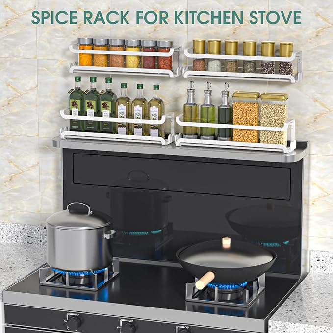LUCYCAZ 4 Pack Wall Mounted Spice Rack with 16 Hooks, Spice Organizer Shelf for Stove Cabinet Pantry Door,Screw or Adhesive Spice Shelf Hanging Wall Spice Rack in Kitchen and RV (White, 4 PACK) - Image 9