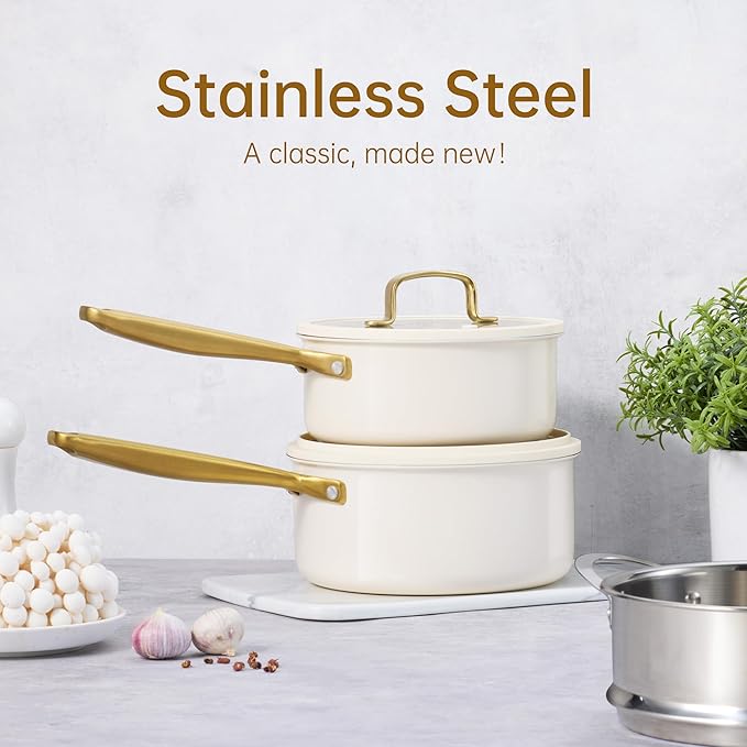 CAROTE 1.5Qt & 3.0Qt Stainless Steel Saucepan Set with Steamer & Ladle, Non-Toxic 3-Ply Stainless Steel Pot with Lids, Small Pots for Cooking, Oven Safe, Induction Compatible Cookware - Image 9