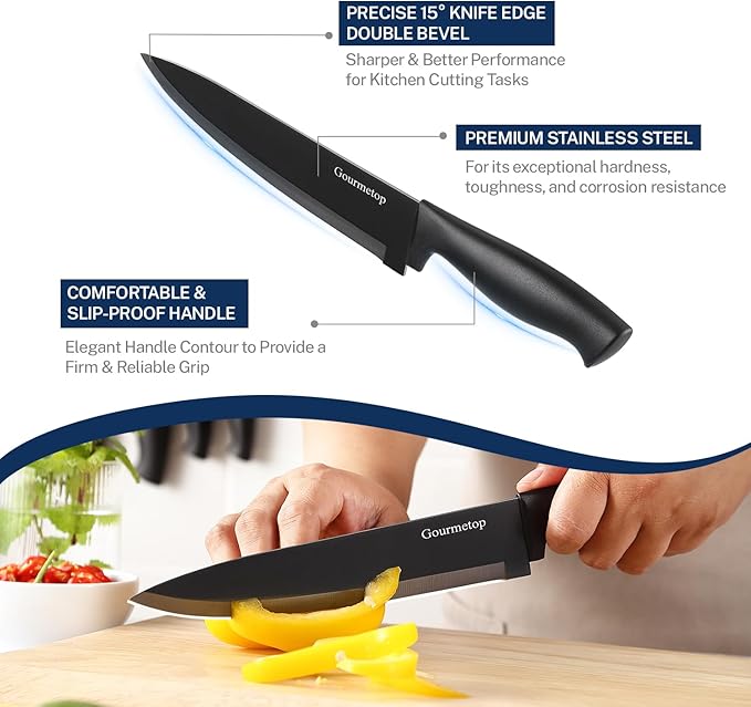 Gourmetop Kitchen Knife Set with No Drilling Magnetic Strip for Kitchen Black Titanium Small Cooking Knives, Sharp Stainless Steel Chef Knife Set for Cutting Meat & Vegetable - Image 3