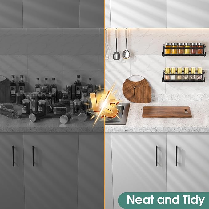 LUCYCAZ 2 Pack Wall Mounted Spice Rack with 8 Hooks, Spice Organizer Shelf for Stove Cabinet Pantry Door,Screw or Adhesive Spice Shelf Hanging Wall Spice Rack in Kitchen and RV (Black, 2 PACK) - Image 7