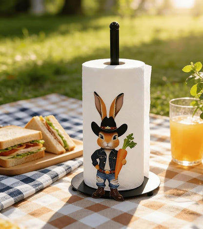 Cute Western Bunny Paper Towel Holder Countertop, Rustic Farmhouse Kitchen Decor, Funny Rabbit Paper Roll Holder, Freestanding Paper Towel Stand, Animal Decor for Kitchen and Bathroom(1 Pack)