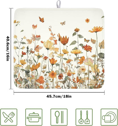 Fall Floral Dish Drying Mat for Kitchen Counter Orange Rustic Vintage Wildflower Pattern Microfiber Dish Drainer Mat Autumn Absorbent Washable Drying Pad Extra Large 16"x18"