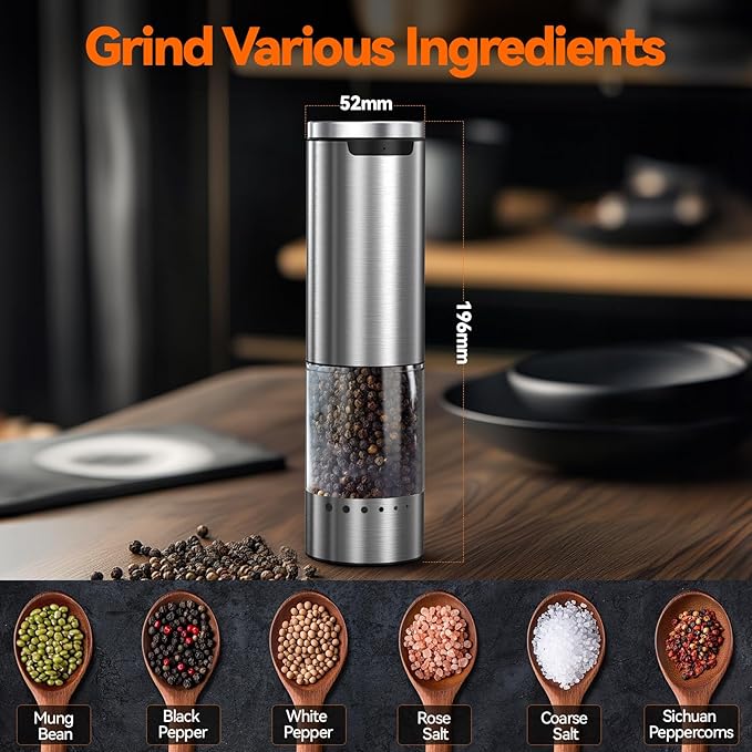 VOXON Update Electric Salt and Pepper Grinder Set Rechargeable Stainless Steel, LED Light, 100ML Capacity, 5 Levels Adjustable Coarseness, Automatic Salt and Pepper Grinder Set One Handed Operation