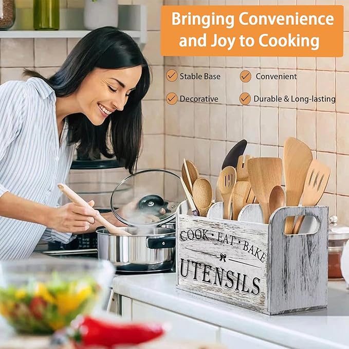 Utensil Holder,Wooden Utensil Holder for Kitchen Counter, Cooking Utensil Organizer with 3 Compartments,Utensil Crock for Silverware Spoon Spatula - Image 2