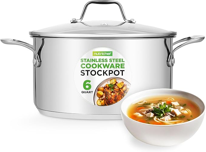 NutriChef 6-Quart Stainless Steel Stockpot – 18/8 Food Grade Heavy-Duty Induction-Compatible Pot with See-Through Lid, Ideal for Stews, Broths, Simmering & Soups, Dishwasher Safe – NCSP6 by NutriChef%E2%84%A2Kitchen