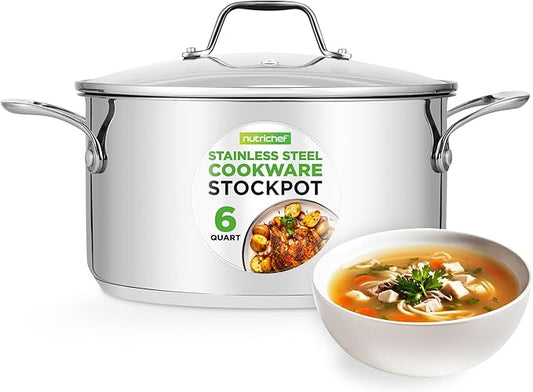 NutriChef 6-Quart Stainless Steel Stockpot – 18/8 Food Grade Heavy-Duty Induction-Compatible Pot with See-Through Lid, Ideal for Stews, Broths, Simmering & Soups, Dishwasher Safe – NCSP6 by NutriChef%E2%84%A2Kitchen