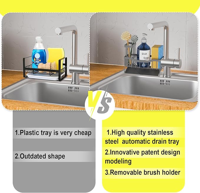 Fssvcd Maifan Sink Caddy Sponge Holder for Kitchen with Brush Holder and Stainless Steel Self Drain Tray, Rustproof Kitchen Sink Organizer for Sponge, Soap Dispenser Storage Accessories Dark Gray - Image 4