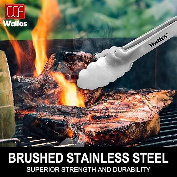 Tong for cooking, Walfos kitchen tongs set of 2 - Heat Resistant 600℉, Heavy Duty Locking Metal cooking Tongs, Stainless Steel BBQ Grilling,(All Metal 12in+16in) - Image 7