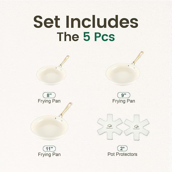 Chef Power Ceramic Frying Pan with Stainless Steel handle 5Pcs Set, Non Stick Grill Pan Set, Dishwasher and Oven Safe, Cream White and Light Gold Handle - Image 2