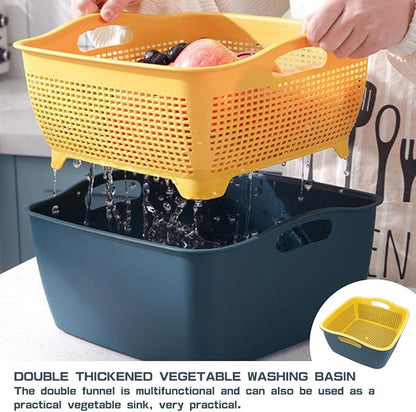 Double-layer Draining Basket Plastic Fruits & Vegetable Washing Basket for Kitchen (Blue)