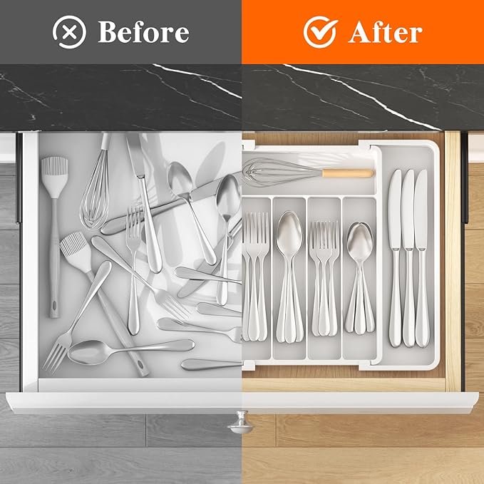 Lifewit Silverware Drawer Organizer, Expandable Utensil Tray for Kitchen, BPA Free Flatware and Cutlery Holder, Adjustable Plastic Storage for Spoons Forks Knives, 8.5-14 x 12", White - Image 4