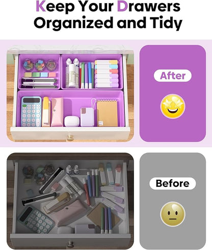 10 Pack Large Size Plastic Drawer Organizers Set, 3 Sizes Desk Drawer Organizer Trays, Storage Bins for Vanity, Makeup, Bathroom, Kitchen Utensils and Office (Purple)