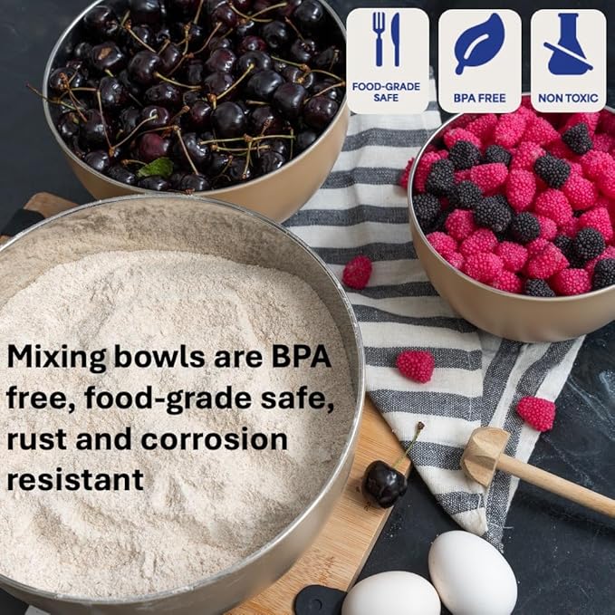 WHYSKO Stainless Steel Mixing Bowls Set of 3 with Non-Slip Silicone Base, Nesting Metal Bowls for Meal Prep, Baking, Cooking & Food Storage, Dishwasher Safe Kitchen Mixing Bowls, Tan - Image 5