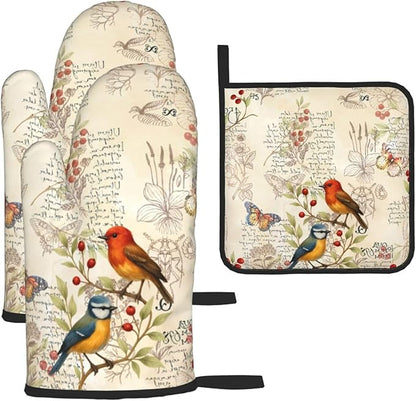 Vintage Bird Themed Hot Pads and Oven Mitts Set of 3,Heat Resistant Non Slip Cute Rustic Kitchen Mitts and Pot Holder Set & Baking Gloves for Cooking Baking Grilling BBQ,Bird Lover Gifts for Women