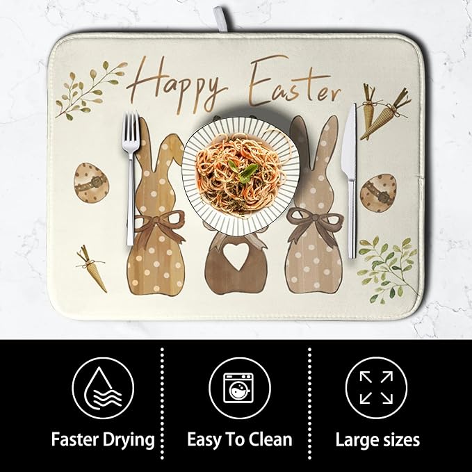 Happy Easter Bunny Dish Drying Mat Rabbits Egg Carrot Dish Pad for Kitchen Counter 18x24 Inch Microfiber Absorbent Spring Bufflao Plaid Dish Draining Mat Reusable Washable Dish Drainer Rack Mat - Image 4