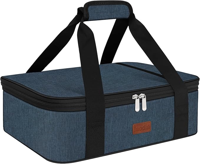 Insulated Casserole Carrier Bag, Expandable Thermal Food Carrier Insulated Travel Carry Bag for Hot or Cold Food for Picnic Cookouts Potluck Parties Fits 9" x 13" Baking Dish (Blue)