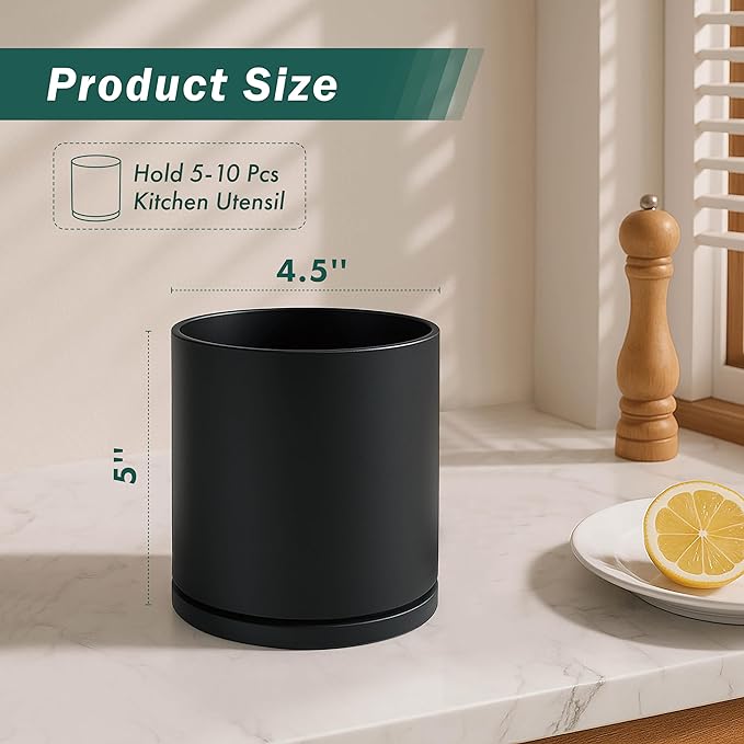 D'vine Dev 360° Rotating Utensil Holder – 5" Kitchen Utensil Crock for Countertop, Modern Cooking Tool Organizer for Kitchen Storage & Décor, Black, 72-X-B-1