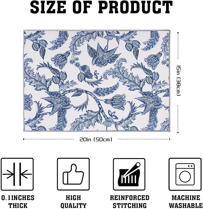 Dish Drying Mat Floral Print Microfiber kitchen drying mat, 20x15 inches, Dish Drying Mats for Kitchen Counter, Super Absorbent, Anti-Slip, Fast Drying, Kitchen Must-Have - Image 2