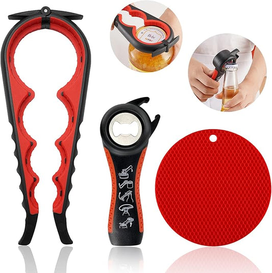 Jar Opener for Weak Hands, Seniors with Arthritis, 5 in 1 Multi Function Bottle Opener Lid Opener For Arthritic Hands with Non Slip Rubber Jar opener Gripper Pad(red) by HUMANFUN