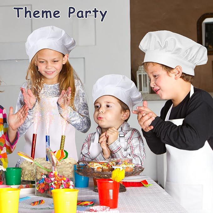 Kids Apron and Chef Hat Set, 30 Pieces Boys Girls Kids Apron with 2 Pockets Adjustable for Cooking Classroom Baking Painting, 6-13 Years, White