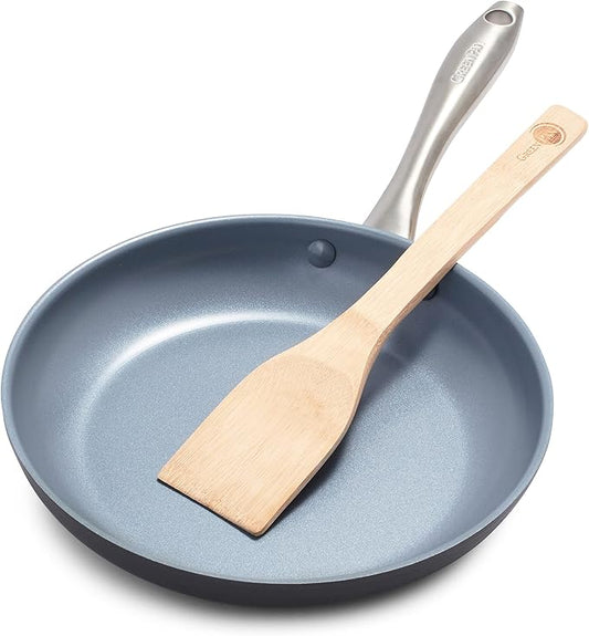 GreenPan Lima Hard Anodized 10" Frying Pan Skillet, Wood Spatula, Ceramic Nonstick, PFAS-Free Nontoxic Pots and Pans, Oven & Broiler Safe, Stainless Steel Handle, Cookware for Eggs & Omelet, Gray by GreenPan