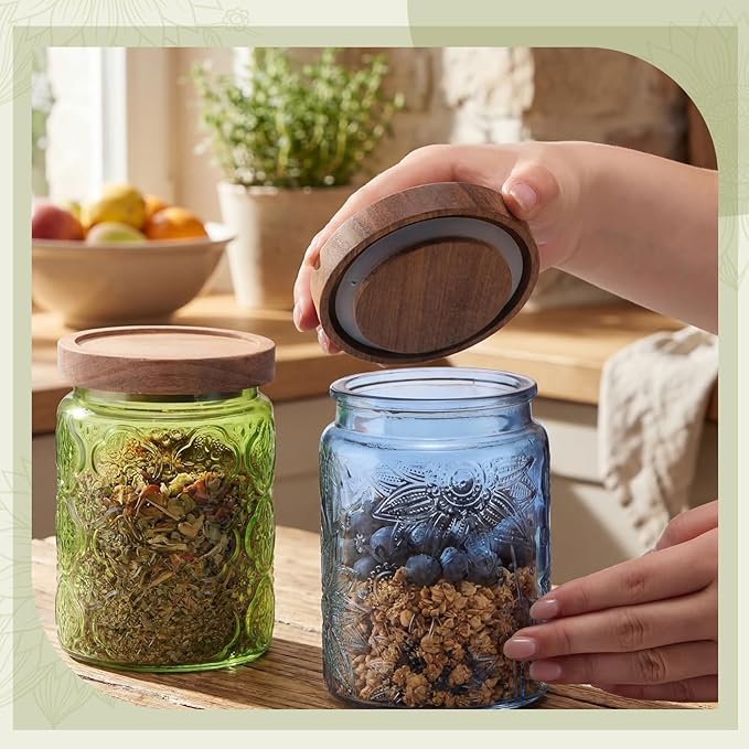 Willinglong 2 Pack 23.7oz Colored Vintage Glass Storage Jars with Wooden Lids Embossed Floral Decorative Canisters for Kitchen Countertop Airtight Container for Sugar Cookie Coffee Tea (Green, Blue) - Image 7
