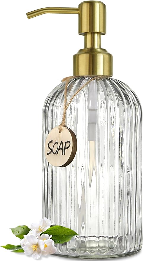 JASAI 18Oz Glass Soap Dispenser with Golden Pump for Kitchen,Refillable Liquid Hand soap Dispenser with Vertical Stripe, Clear Soap Dispenser Bathroom for Hand soap, Dish Soap, Lotion by JASAIHOME