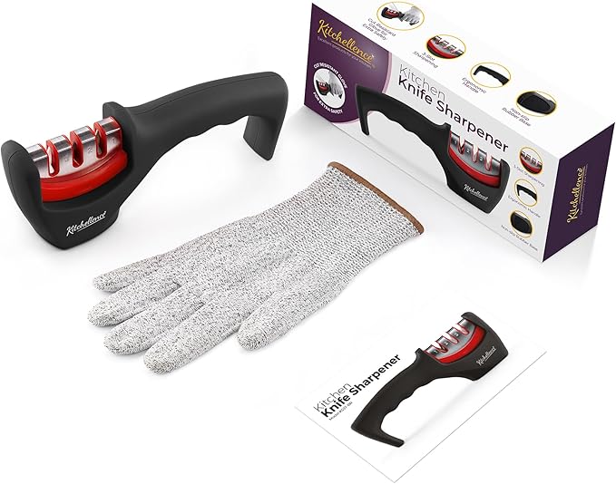 4-in-1 Kitchen Knife Accessories: 3-Stage Knife Sharpener Helps Repair, Restore and Polish Blades and Cut-Resistant Glove - Image 5
