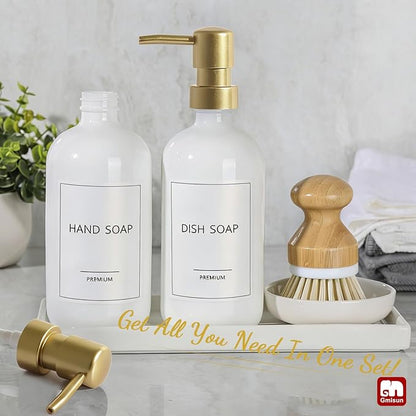 GMISUN Kitchen Soap Dispenser, 16 Oz Kitchen Dish Soap Dispenser Set with Ceramic Tray & Bamboo Brush, 2Pcs Farmhouse Dish Soap Dispenser for Kitchen, Modern White Glass Liquid Hand Soap Dispenser - Image 2