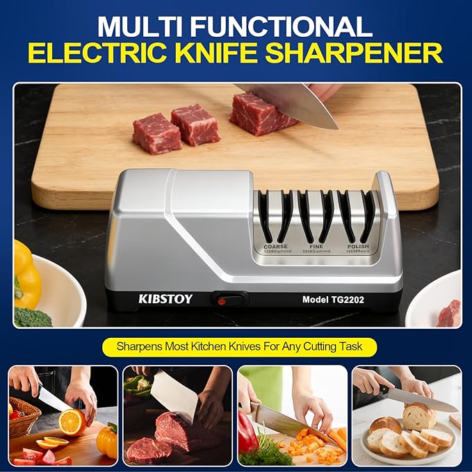Knife Sharpener Electric, 3-Stage Professional Kitchen Sharpener with 100% Diamond Abrasive, 15° Precision Angle, Magnetic Dust Box, Fast Sharpening & Repair for Chef Knife, Paring Knife - Image 6