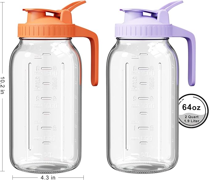 2 Pack Mason Jar Pitcher – Airtight & Leakproof Glass Pitcher with Lid, 2 Quart (64 oz) 1/2 Gallon Mason Jar with Pour Spout Lid, Ideal for Breastmilk, Cold Brew, Sun Tea and Coffee - Image 2