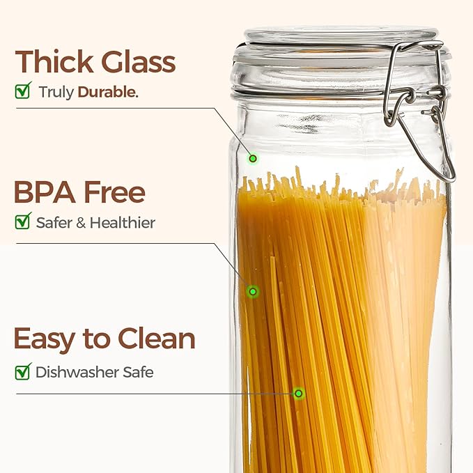 ComSaf 3-Pack 68oz 13-Inch Tall Glass Pasta Containers for Spaghetti & Long Pasta, Slender Airtight Canisters for Vertical Pantry Organization, Food Storage Jars for Linguine & Breadsticks - Image 4