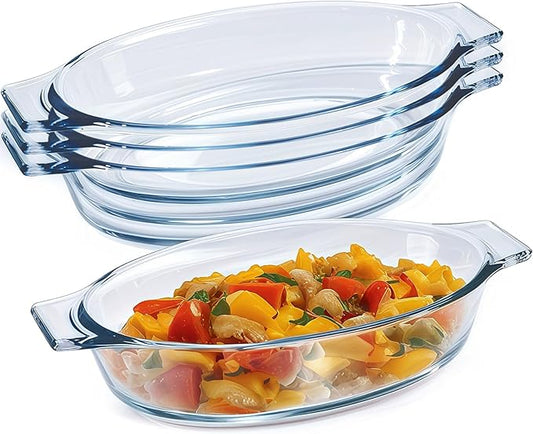 Mini Casserole Dish Oval 4 Pack, 13oz Glass Baking Dish, Banana Split Bowls, Single Serving, Individual Bakeware Baking Pans for Oven Microwave Air Fryer, Clear Prep Bowls by Yomvzake