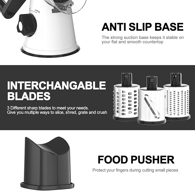 Cambom Rotary Cheese Grater Hand Crank Cheese Shredder for Fresh Cheese, Vegetable, Nuts,Non-slip Suction Base, Free Cleaning Brush Three Blades, White and Black - Image 5