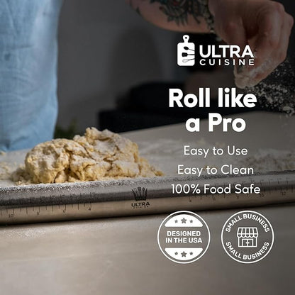 Ultra Cuisine French Rolling Pin for Baking – Tapered Stainless Steel Design with Measurements, Professional or Home Use with Pizza, Cookie, & Pastry Dough, or Fondant and Pie Crust – Dishwasher-Safe - Image 5