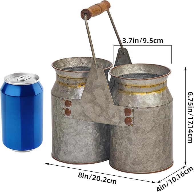 Set of 2 Rustic Galvanized Utensil Holders with Handles, Farmhouse Kitchen Crocks for Spoons, Forks & Knives, Countertop Organizer Buckets for Rustic Farmhouse Decor, 8"x4"x6.75"