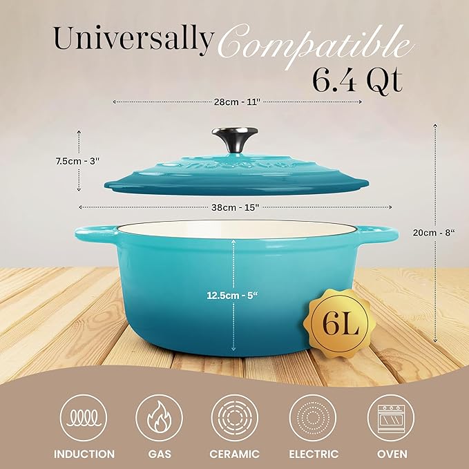 Nuovva Enamelled Cast Iron Dutch Oven Pot with Lid – 6.4 Quart Non Stick Casserole Pot – Heavy Duty & Oven Safe up to 500° F for Bread Baking, Braising, Stews, Roasting – 28cm Teal - Image 2