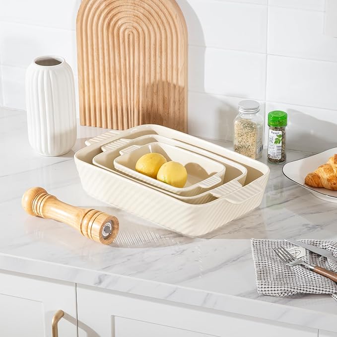 Sweejar Ceramic Baking Dish Set, Cake Baking Dish for Brownie, Porcelain Striped Casserole Dishes for Oven with Handle for Lasagna, Family Dinner(Beige) - Image 4