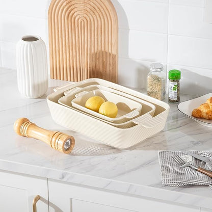 Sweejar Ceramic Baking Dish Set, Cake Baking Dish for Brownie, Porcelain Striped Casserole Dishes for Oven with Handle for Lasagna, Family Dinner(Beige) - Image 4