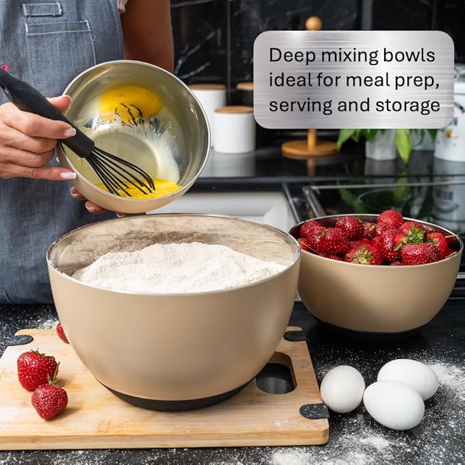 WHYSKO Stainless Steel Mixing Bowls Set of 3 with Non-Slip Silicone Base, Nesting Metal Bowls for Meal Prep, Baking, Cooking & Food Storage, Dishwasher Safe Kitchen Mixing Bowls, Tan - Image 3