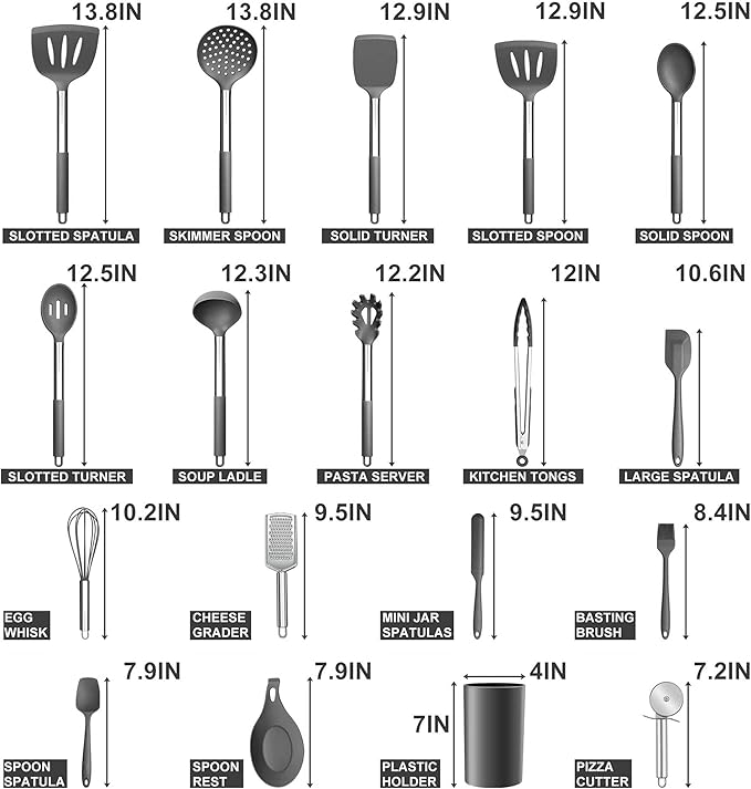 Silicone Kitchen Utensils Set, E-far 30-Piece Cooking Utensils Set with Holder, Heat Resistant Kitchen Spatulas Turner Tong Spoon Whisk Ladle for Nonstick Cookware, Stainless Steel Handle (Gray) - Image 2