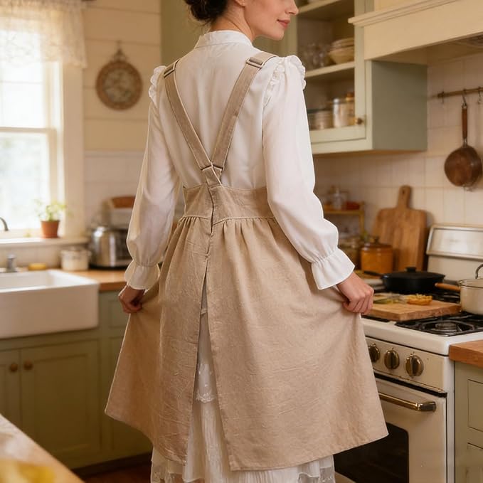 Uaussi Cotton Linen Apron Cross Back Work Apron for Women with Pockets Pinafore Dress X Cross Halter Apron for Chef Gardening - Image 6