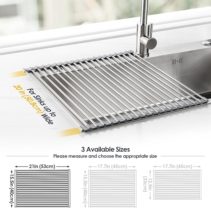 Tomorotec 21" x 15.5" Roll Up Dish Drying Rack Over Sink Drying Rack Sink Cover Kitchen Sink Accessories Gadget Multipurpose Organizer Foldable Stainless Steel Drainer - Image 4