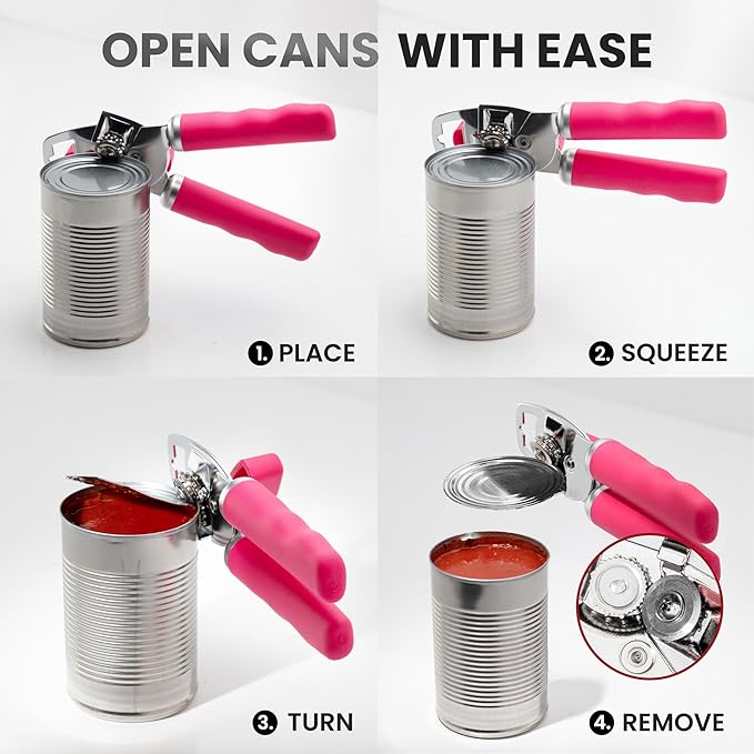 Zulay Kitchen Heavy Duty Stainless Steel Can Opener Manual with Bottle Opener - Rust Proof Manual Can Opener With Turn Knob & Comfy Soft Grip Handles - Dragonfruit - Image 6
