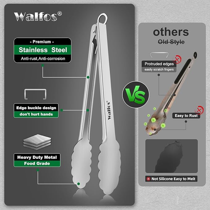 Walfos tongs for cooking, All Metal Kitchen Tongs 600℉ Heat Resistant, Heavy Duty Locking Tongs 2-piece 12 Inch - Image 8